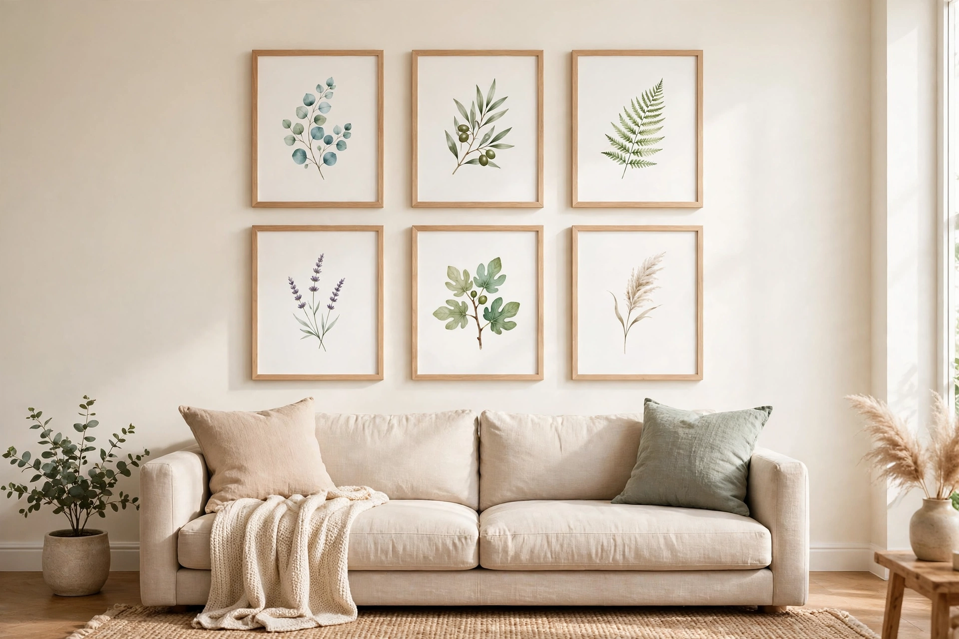 Six framed watercolor botanical prints in a 3 by 2 grid above a sofa (preview mockup)